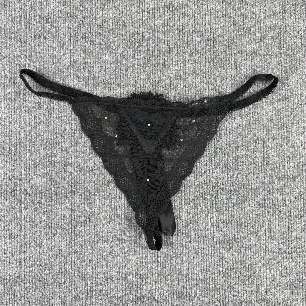 VTG Panties Womens Small Black Lace Thong String Sheer Stretch Satin Lingerie